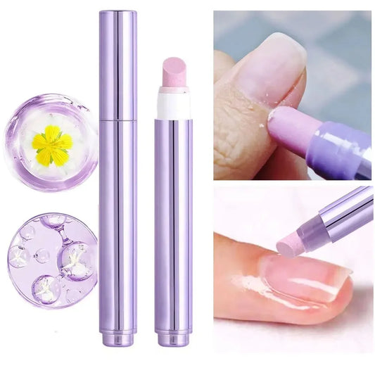 Cuticle oil pen with ceramic tip in purple lavender design showing application