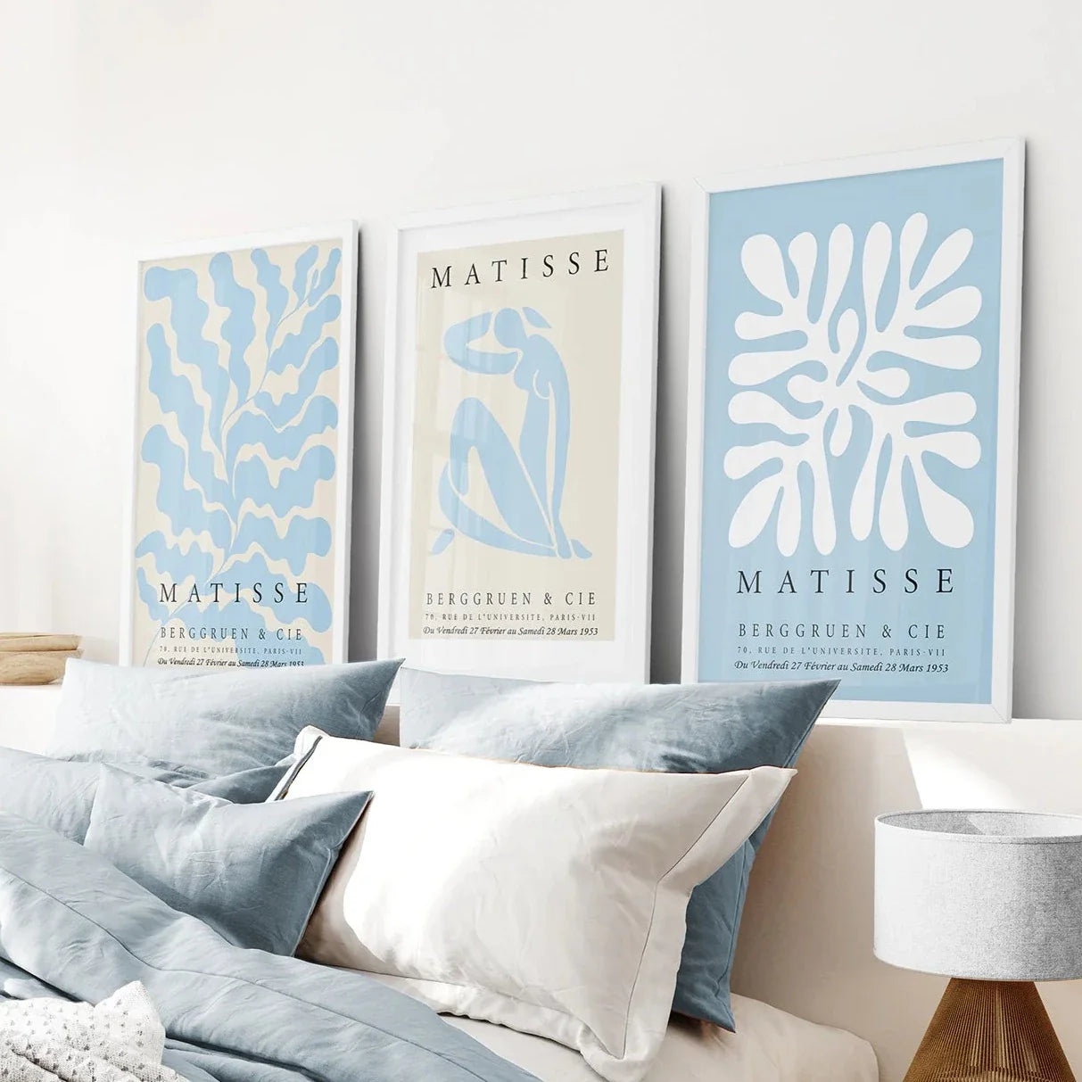 Set of 3 blue and beige abstract cut-out wall art prints