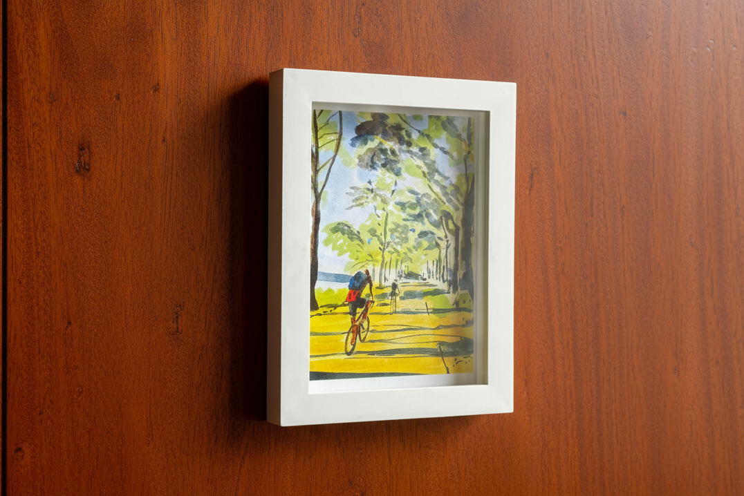 Biking the Hudson River watercolor art print of cyclists along Manhattan, ready to frame