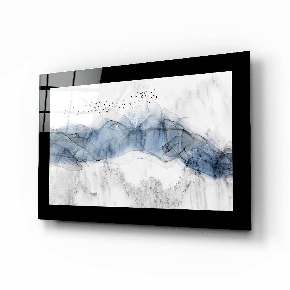 Blue Nebula abstract glass wall art with indigo ink-smoke and birds