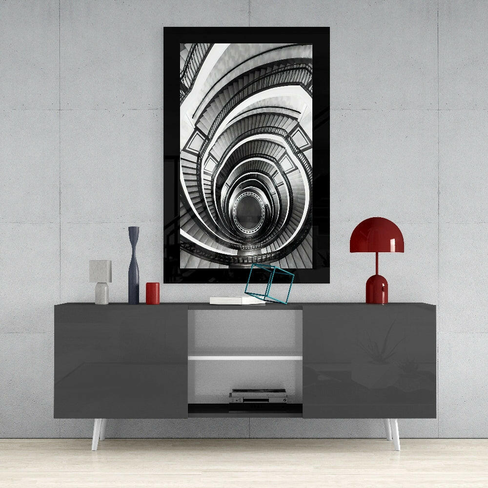Black and White Spiral Staircase Glass Wall Art