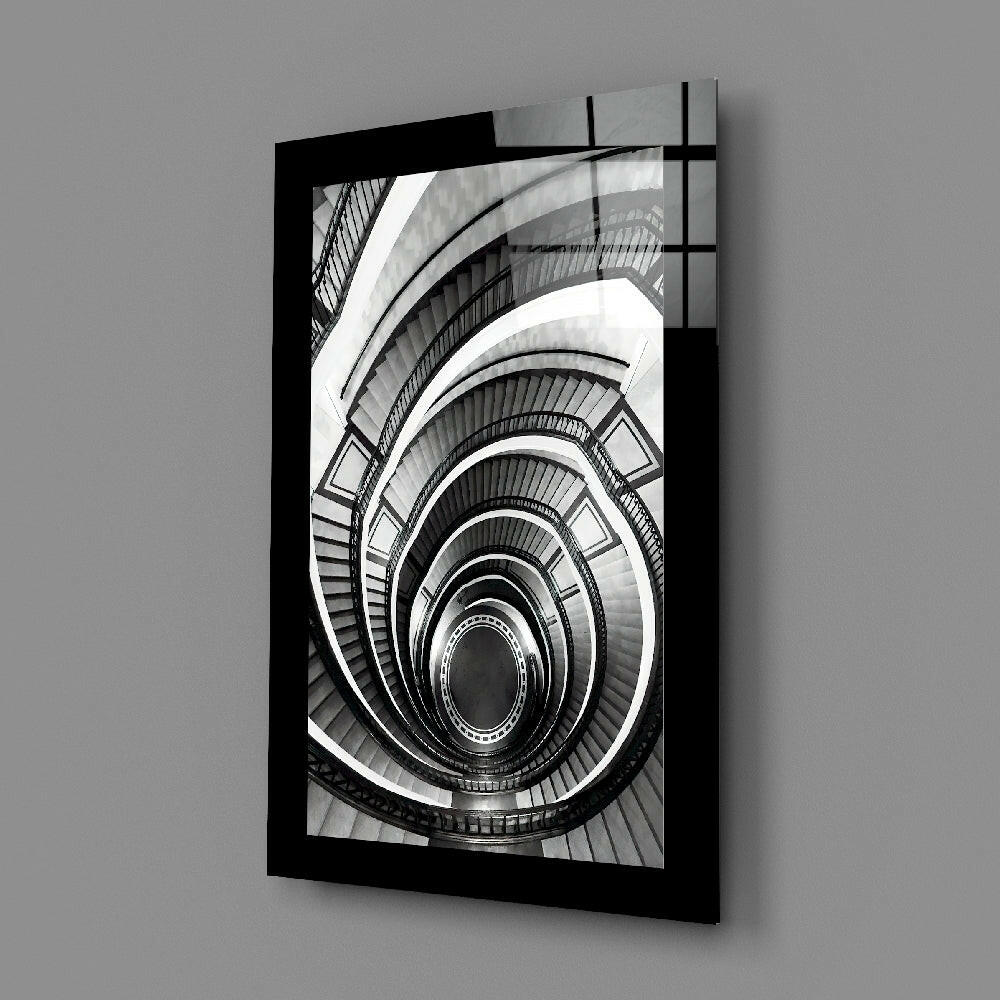 Black and White Spiral Staircase Glass Wall Art