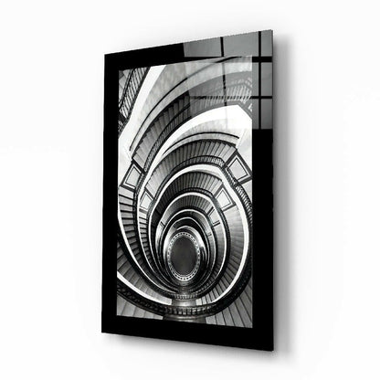 Black and white spiral staircase glass wall art aerial photo