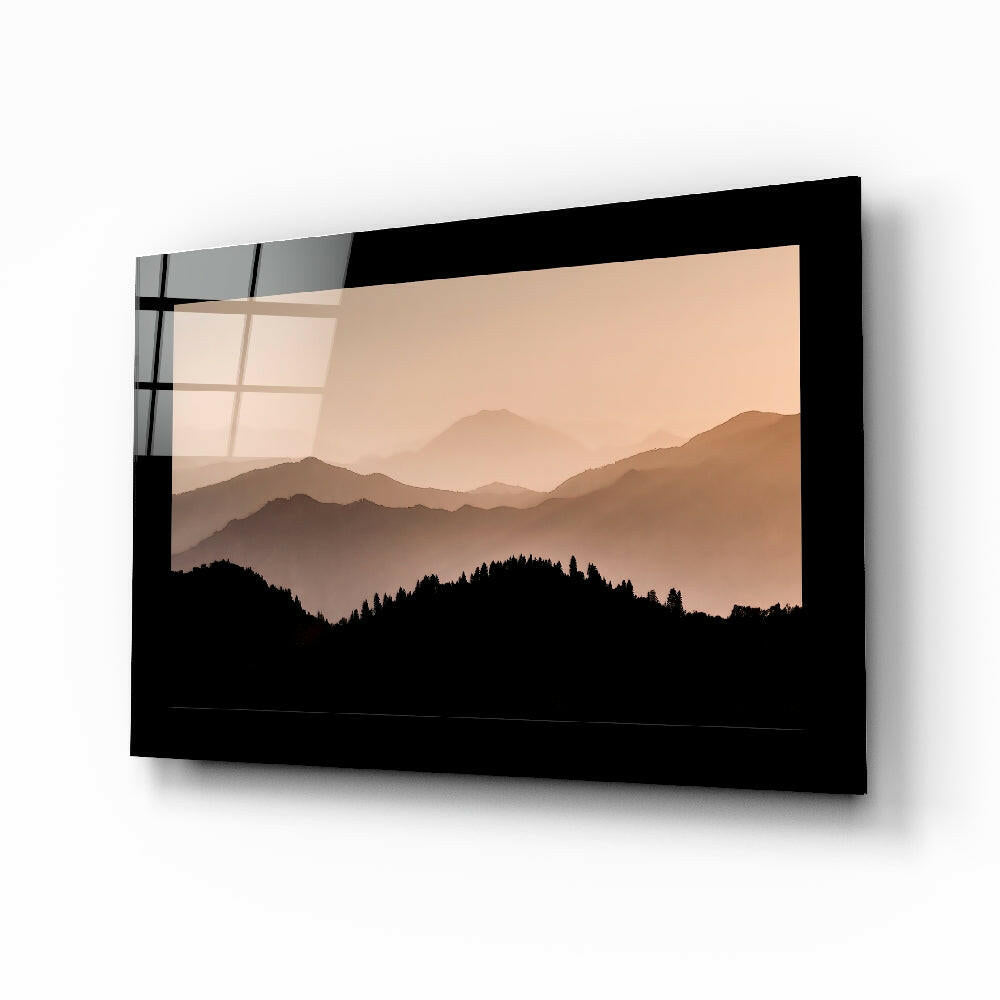 Misty mountain landscape glass wall art