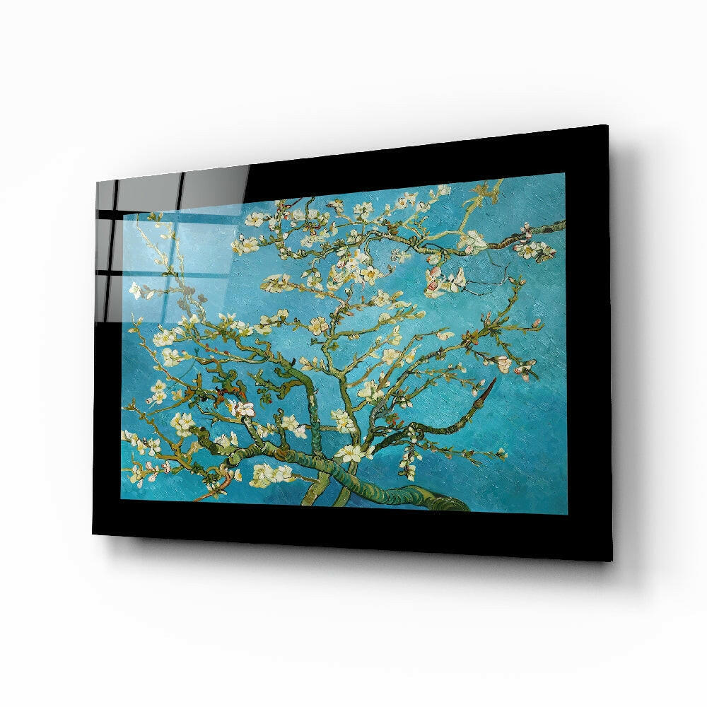 Turquoise almond flowers glass wall art