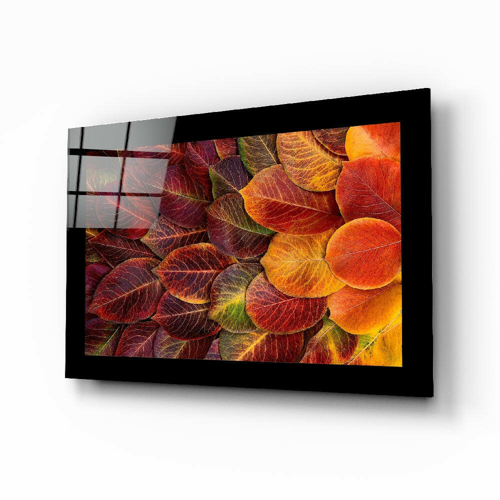 Autumn Leaves Glass Wall Art - crimson and copper macro foliage on tempered glass