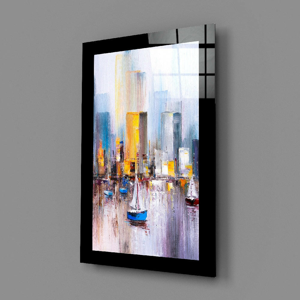 Sailboats Harbor Skyline Glass Wall Art