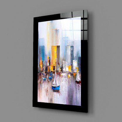 Sailboats Harbor Skyline Glass Wall Art