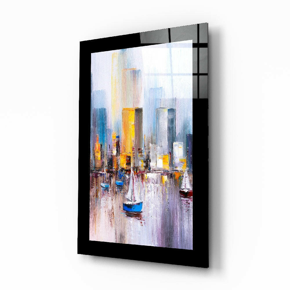 Sailboats harbor skyline glass wall art