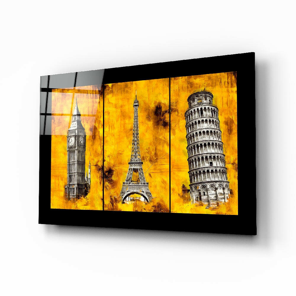 City Landmarks Glass Wall Art triptych of Big Ben, Eiffel Tower, and Pisa