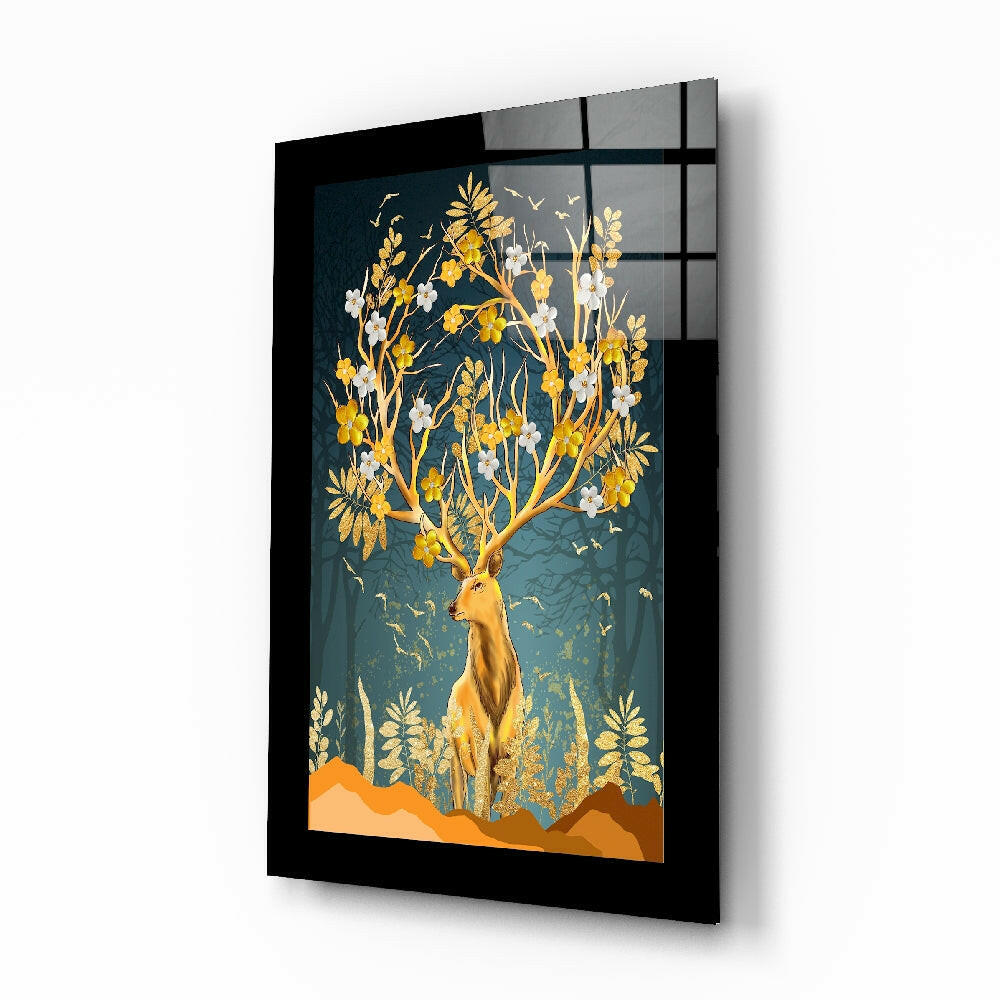 Golden deer glass wall art with blooming gold antlers on teal forest