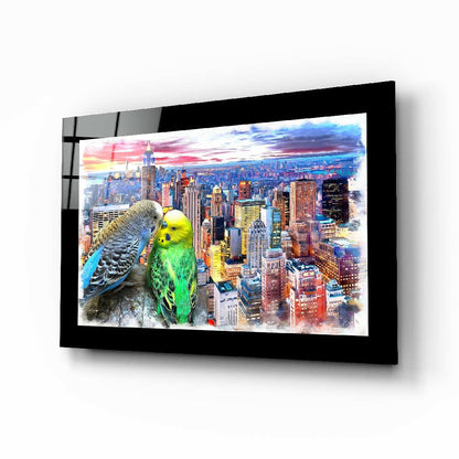 Budgies Glass Wall Art with city skyline design