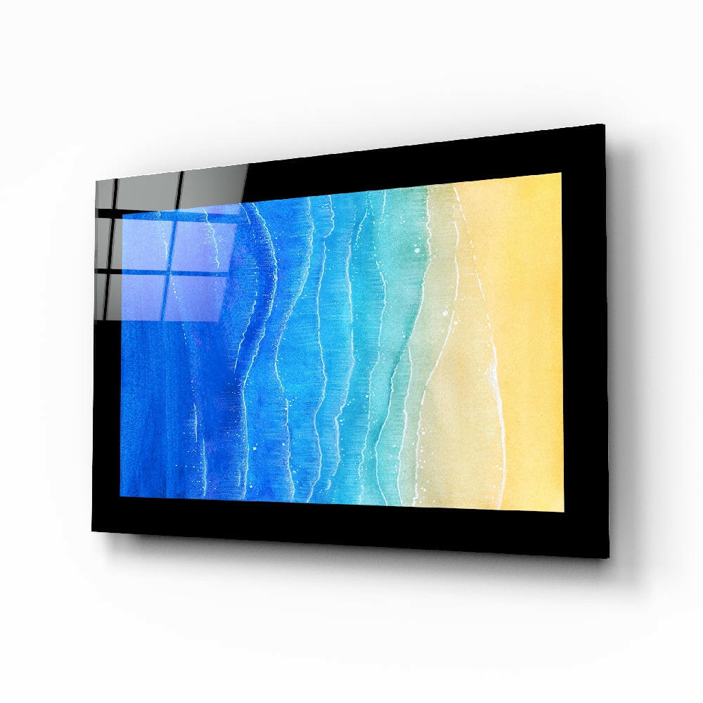 Sun Sea Beach glass wall art with cobalt-and-amber watercolor shoreline