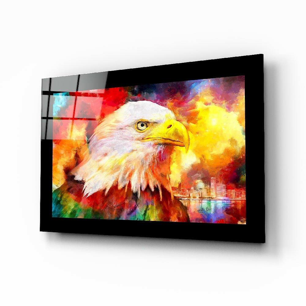 Bald Eagle glass wall art with painterly amber and scarlet color