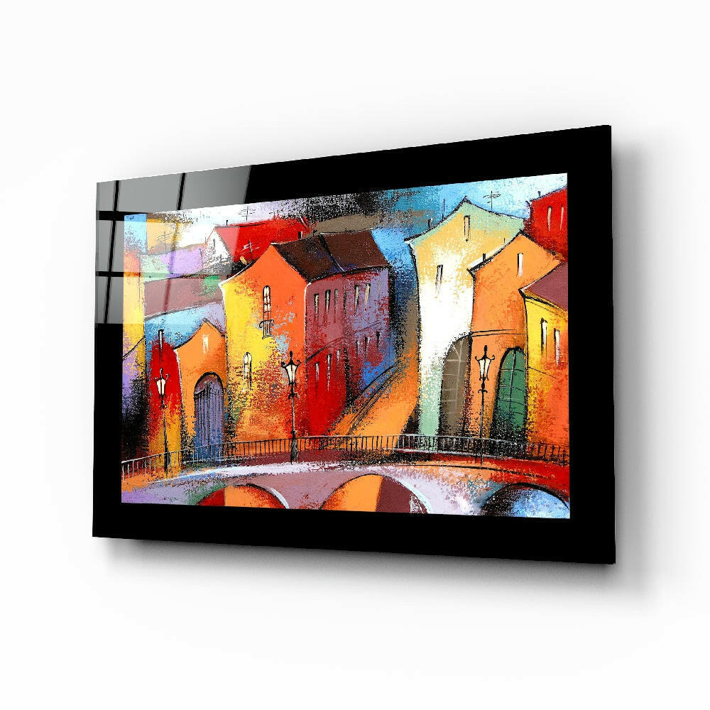 Fairytale City Glass Wall Art whimsical street scene with lampposts
