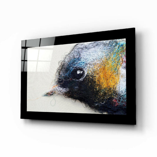 Cute bird glass wall art - thread-art songbird in mixed media style, tempered glass print