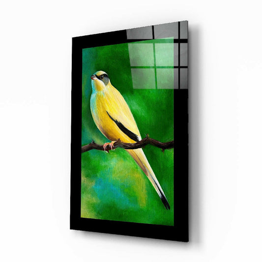 Bird on branch oil painting glass wall art - yellow finch on emerald-teal background, tempered glass