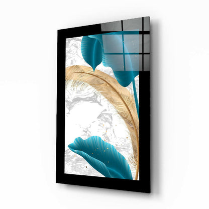 Turquoise gold leaf floral glass wall art