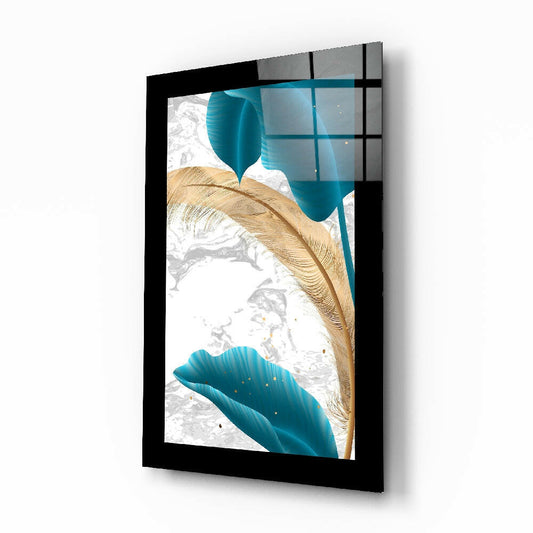 Turquoise gold leaf floral glass wall art