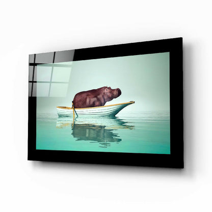 Hippo in rowboat on turquoise sea glass wall art panel