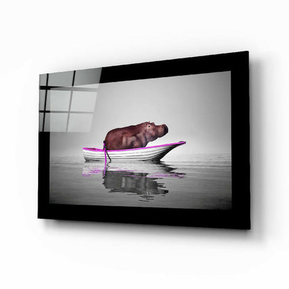 Hippo in pink-trim rowboat glass wall art panel