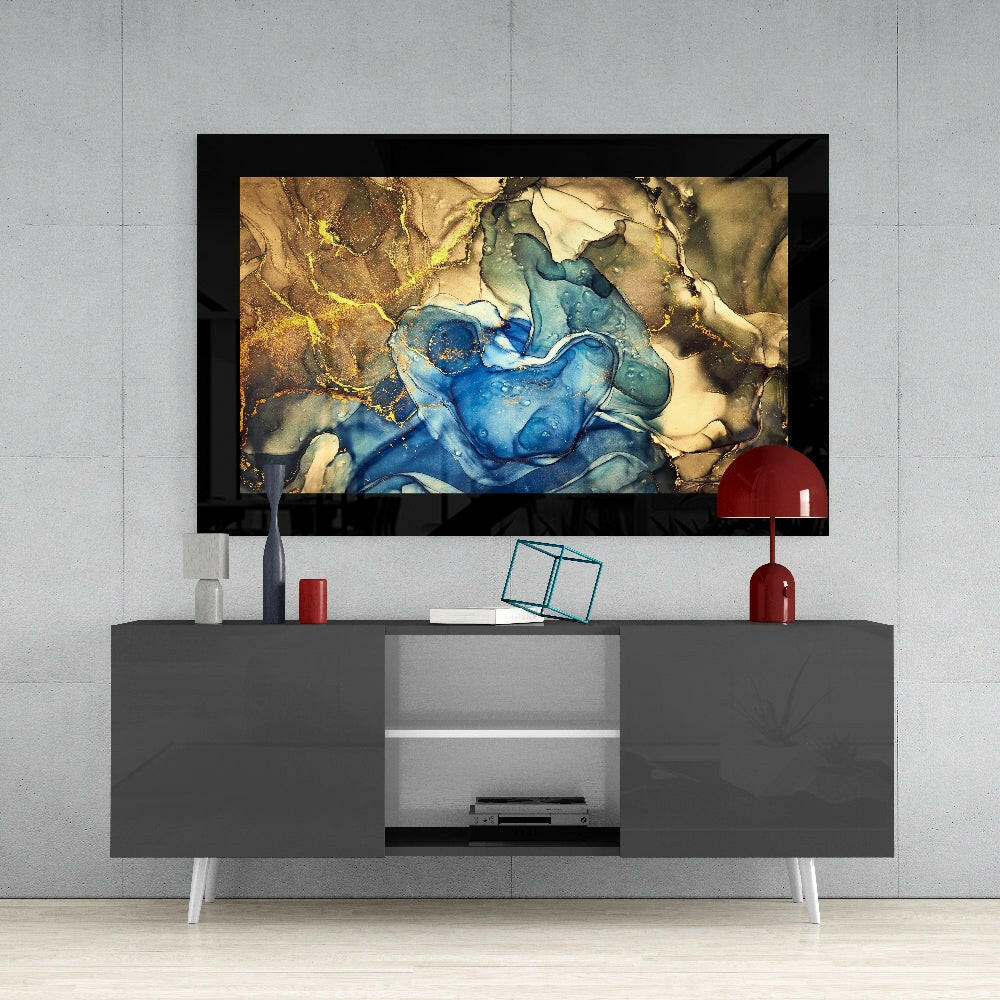 Gold Blue Abstract Fluid Art Glass Wall Art
