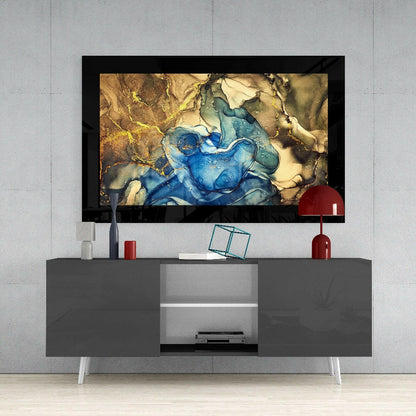 Gold Blue Abstract Fluid Art Glass Wall Art