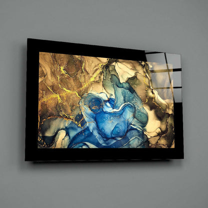 Gold Blue Abstract Fluid Art Glass Wall Art