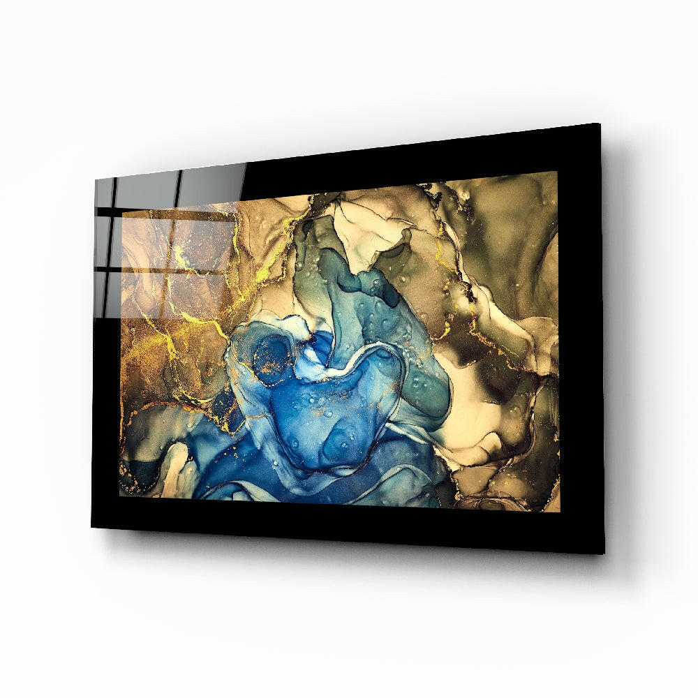Gold blue abstract fluid art glass wall art