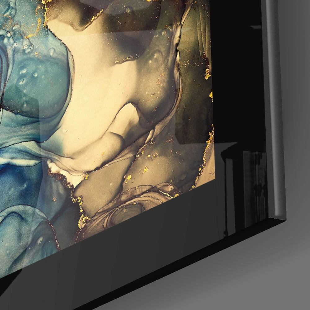 Gold Blue Abstract Fluid Art Glass Wall Art