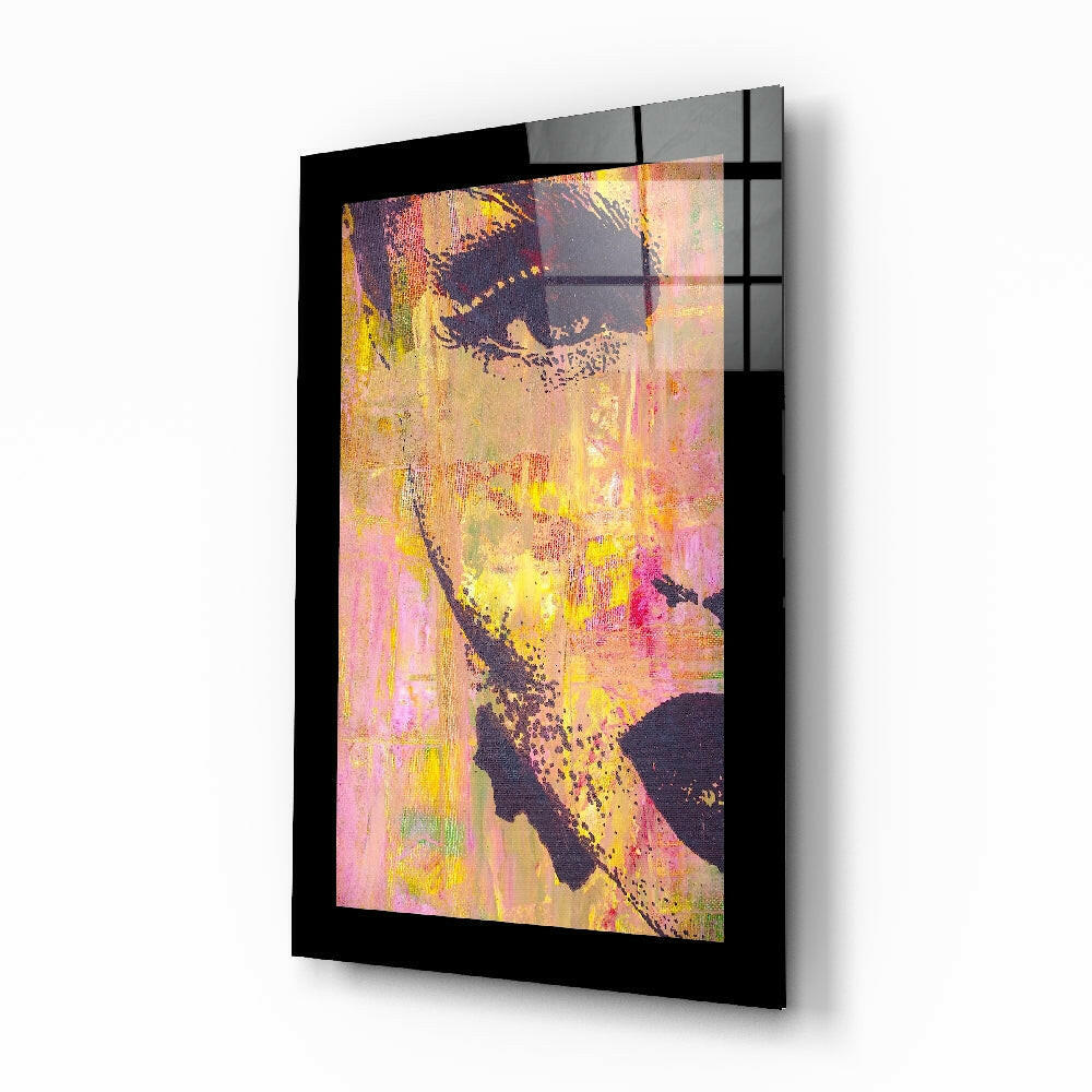 Abstract half-face portrait glass wall art in saffron and rose