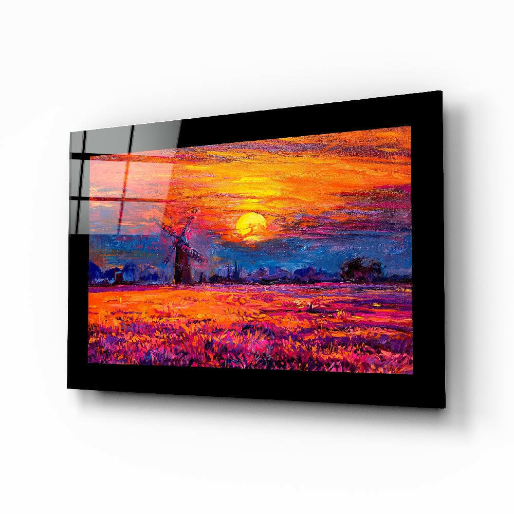 Mill in the Field Glass Wall Art windmill sunset
