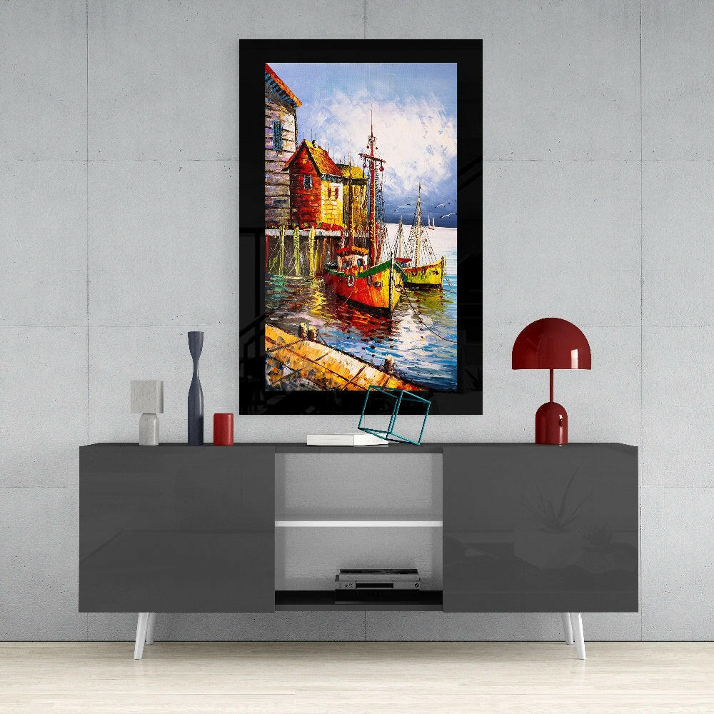Fishing Town Harbor Glass Wall Art