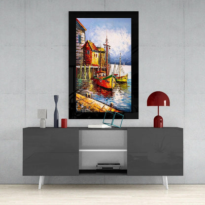 Fishing Town Harbor Glass Wall Art