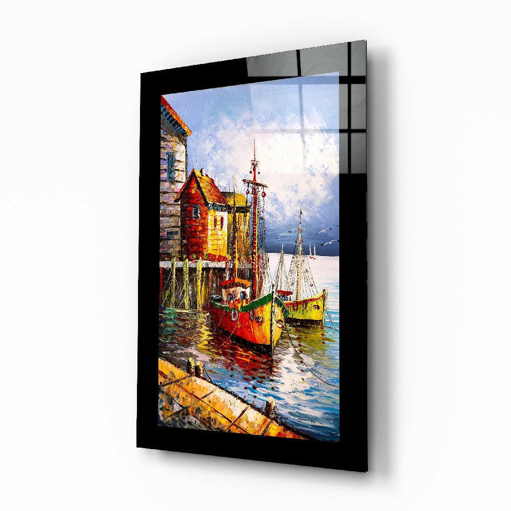 Fishing town harbor glass wall art