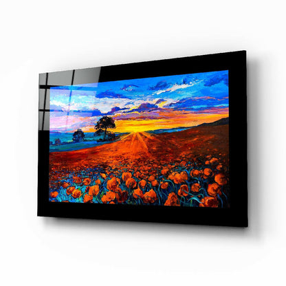Twilight poppy field lone tree glass wall art