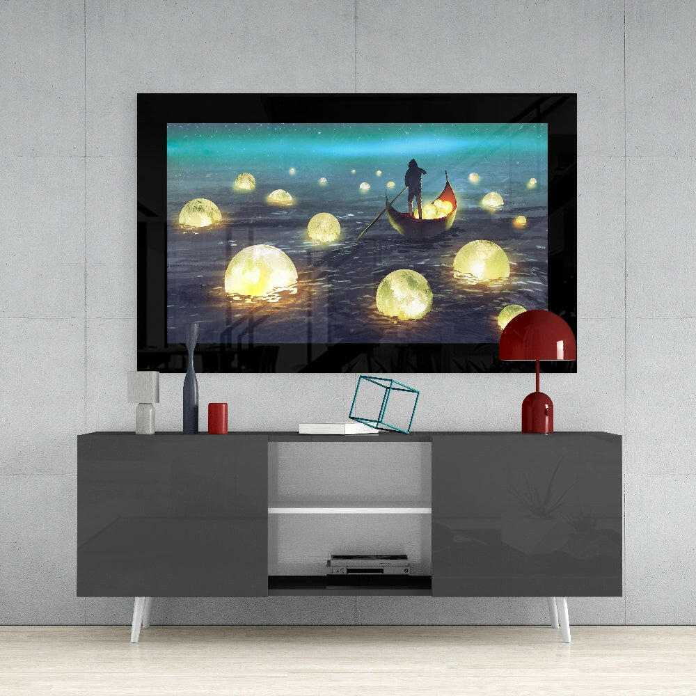 Glowing Moon Boatman Fantasy Glass Wall Art