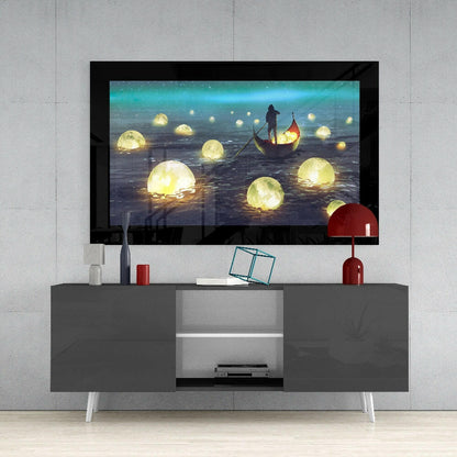 Glowing Moon Boatman Fantasy Glass Wall Art
