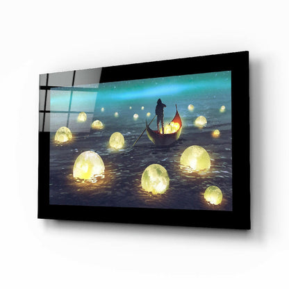 Glowing moon boatman fantasy glass wall art