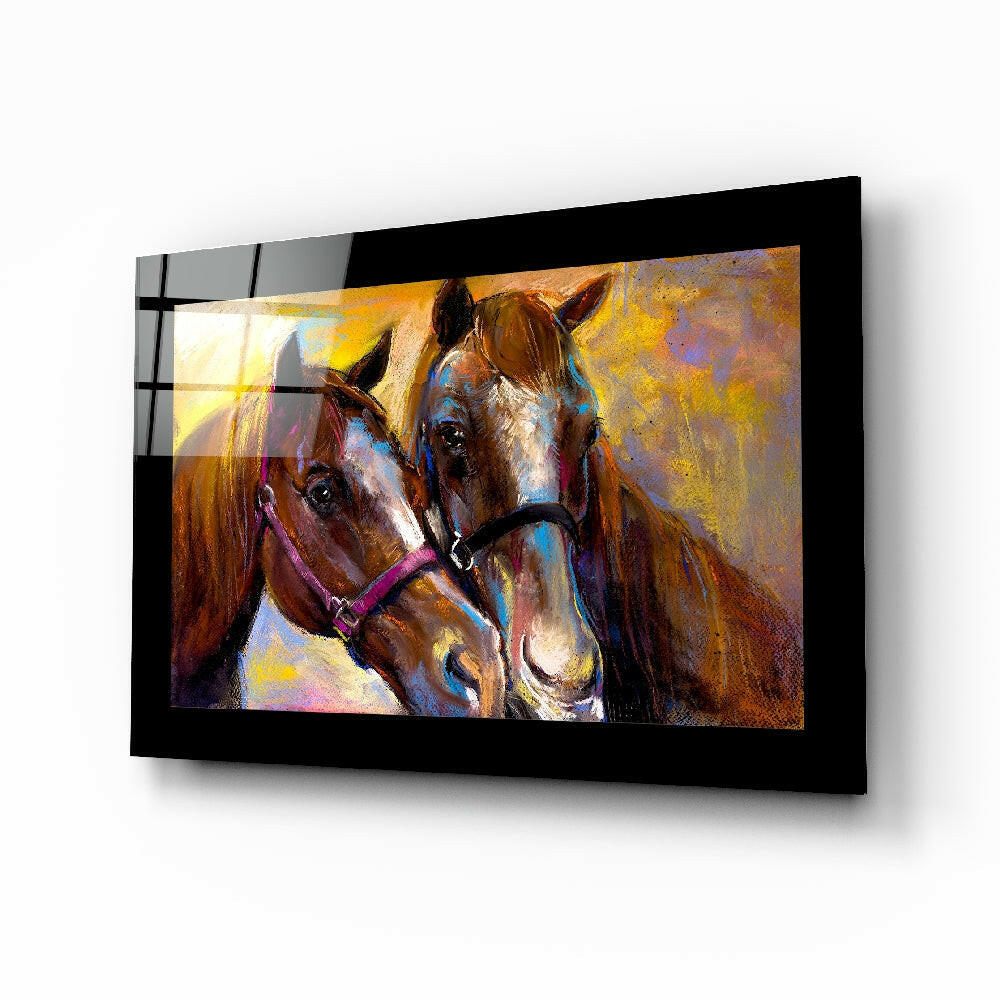 Farm Horses glass wall art with two nuzzling horses in pastel-oil style