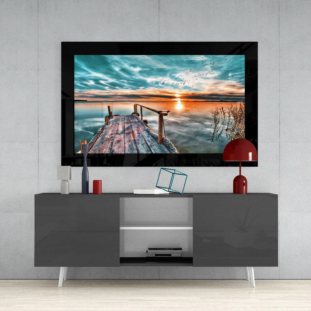 Turquoise Sunset Dock Glass Wall Art