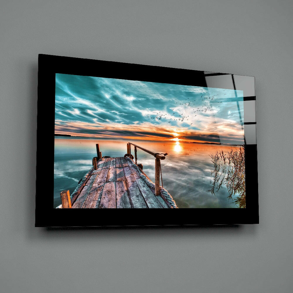 Turquoise Sunset Dock Glass Wall Art