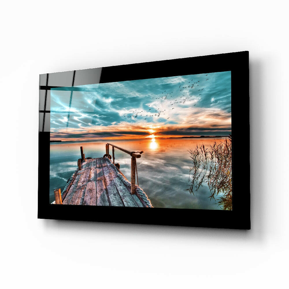 Turquoise Sunset Dock Glass Wall Art