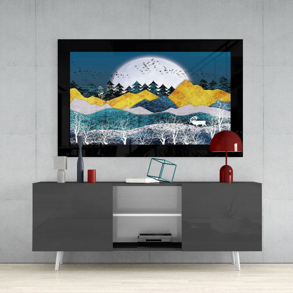 Golden Mountains Moonlit Deer Glass Wall Art