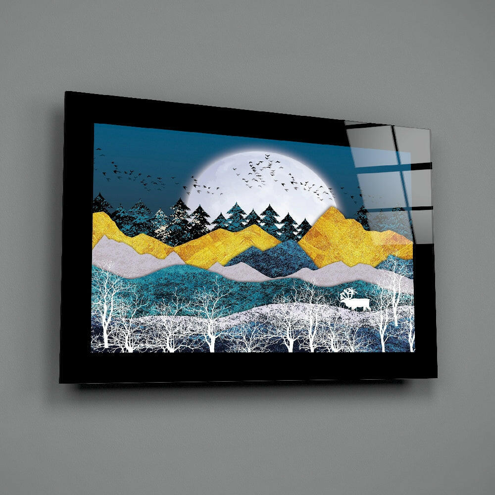 Golden Mountains Moonlit Deer Glass Wall Art