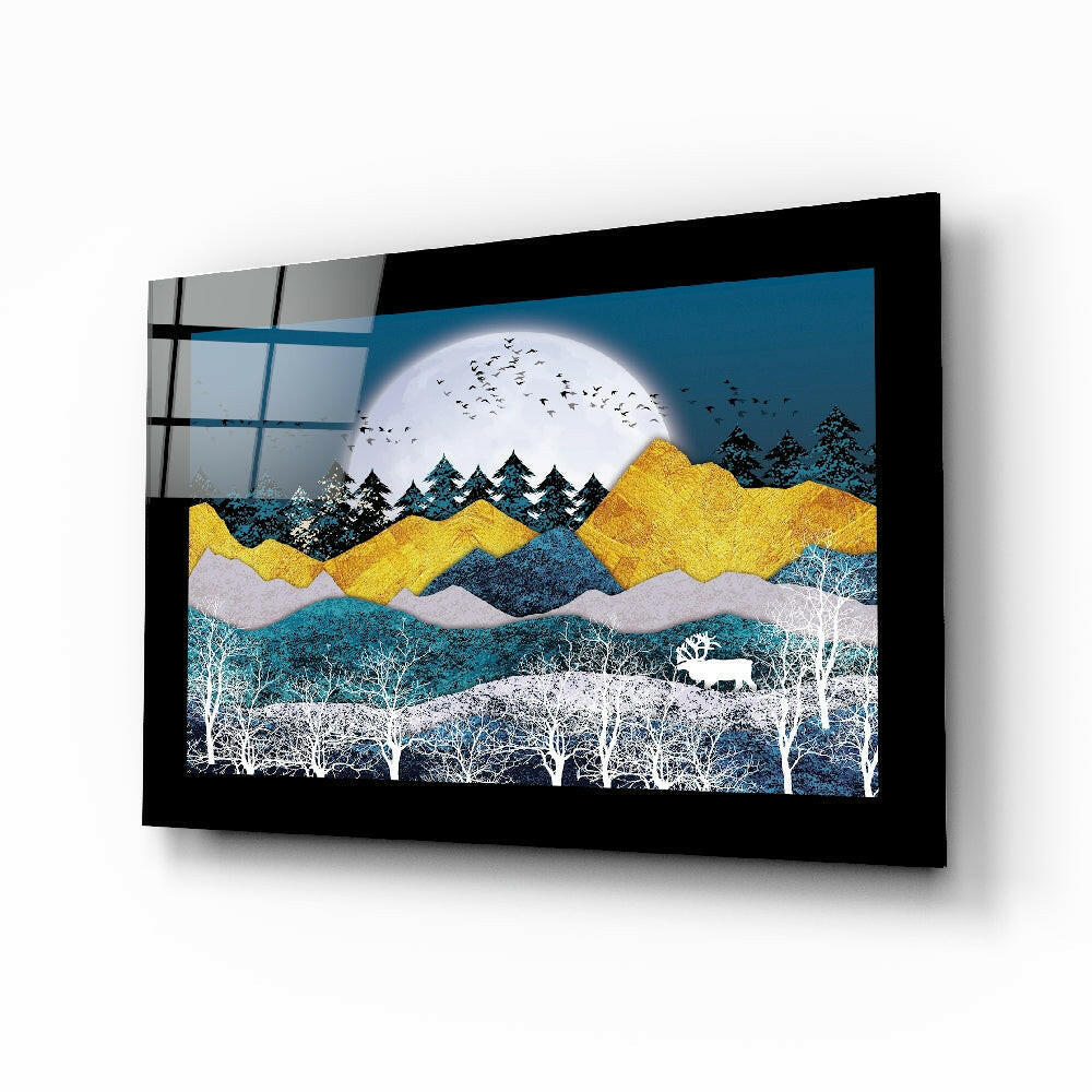 Cobalt and gold moonlit mountains with deer on glass wall art