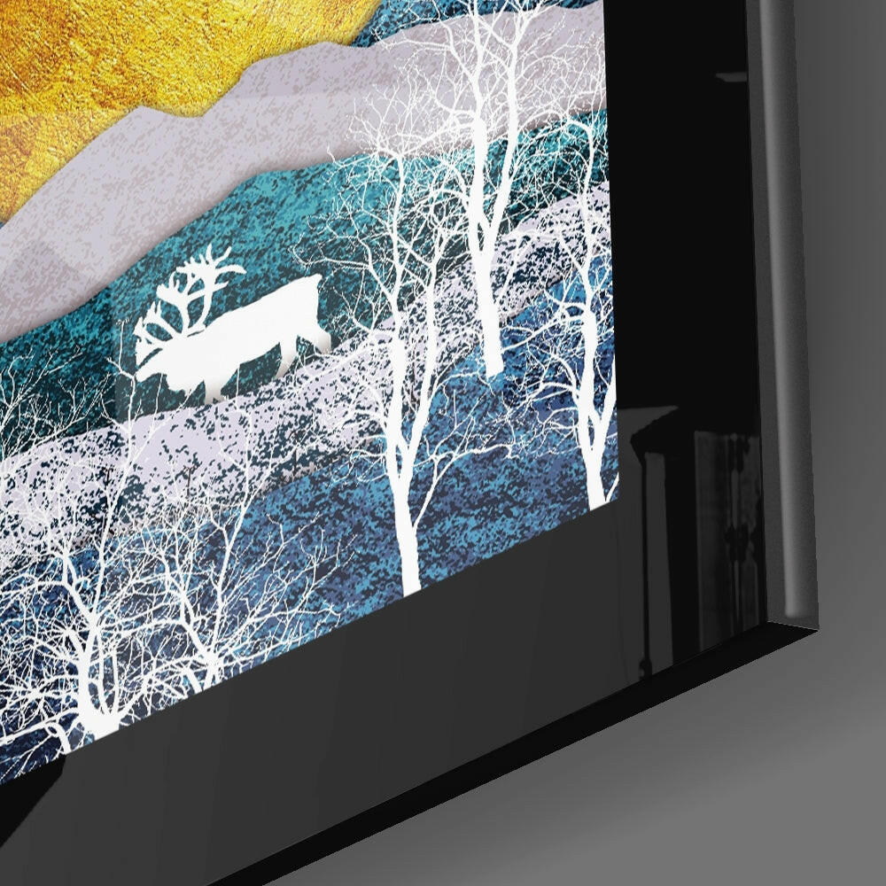 Golden Mountains Moonlit Deer Glass Wall Art