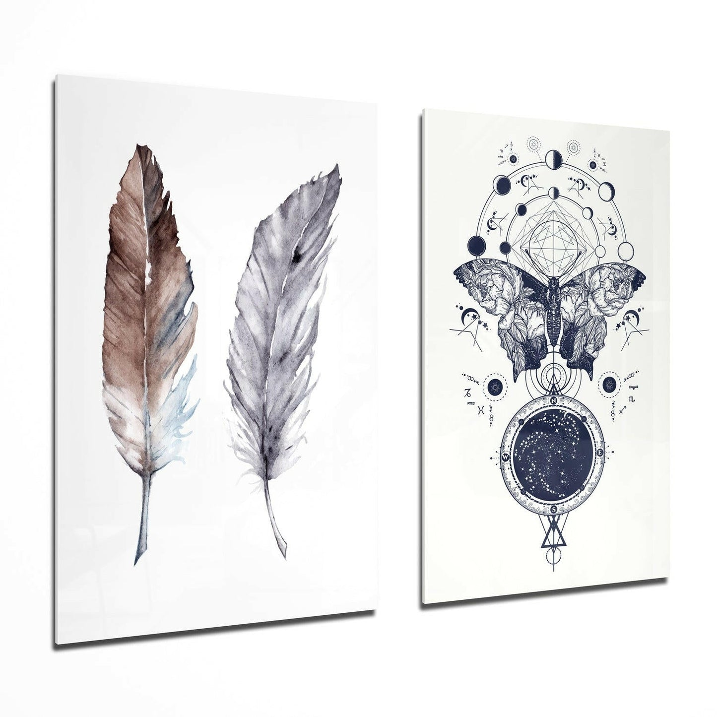 Feathers and Butterfly glass wall art two-piece set on a wall