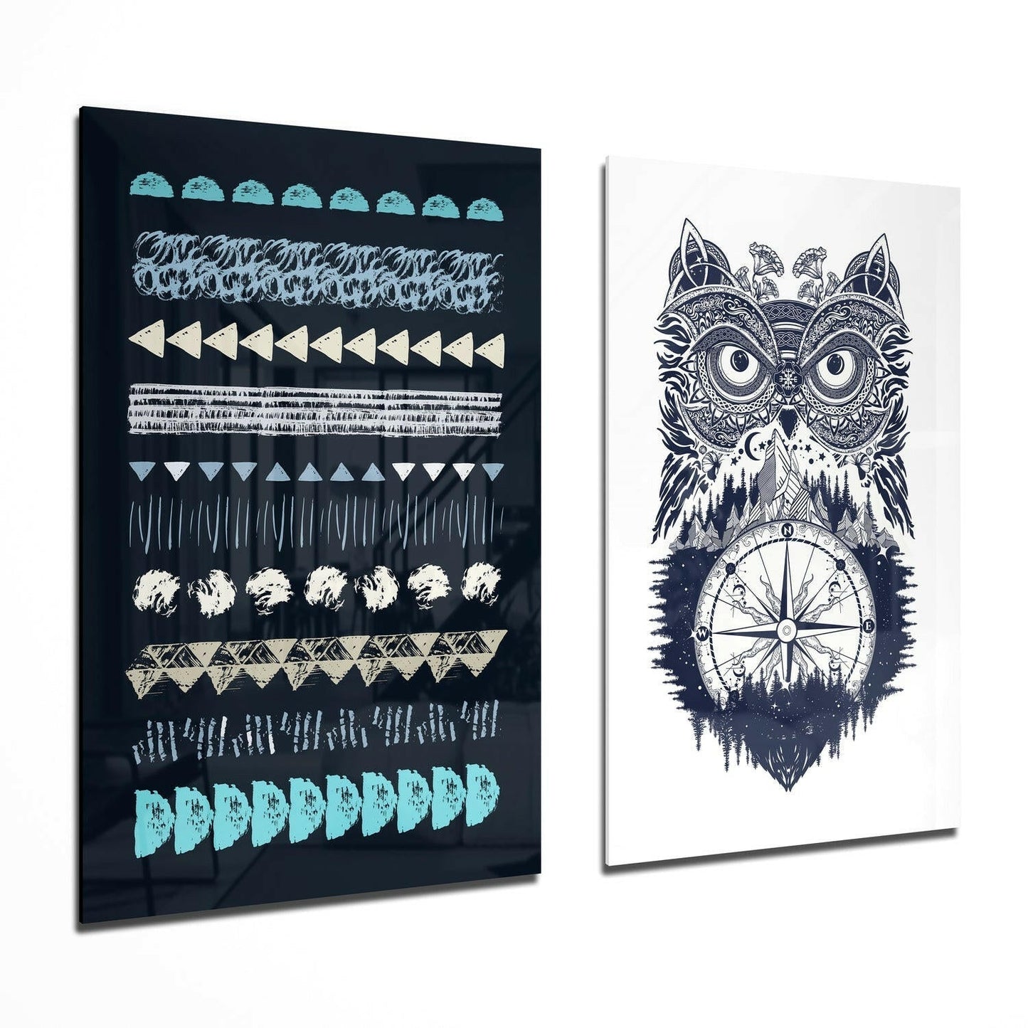 Owl and Shapes 2-Piece Glass Wall Art Set