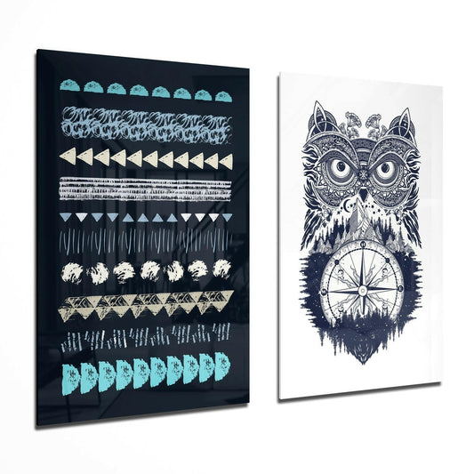 Owl and Shapes 2-Piece Glass Wall Art Set